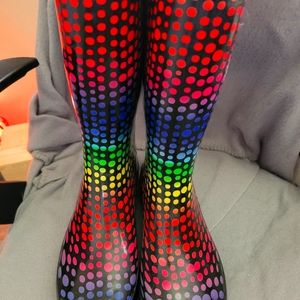 Rainbow polka dot rain boots